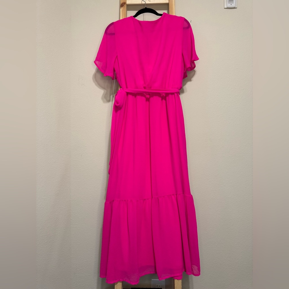 Chloe + Rene Fuchsia Wrap Maxi Dress with Tie Waist - Picture 2 of 7